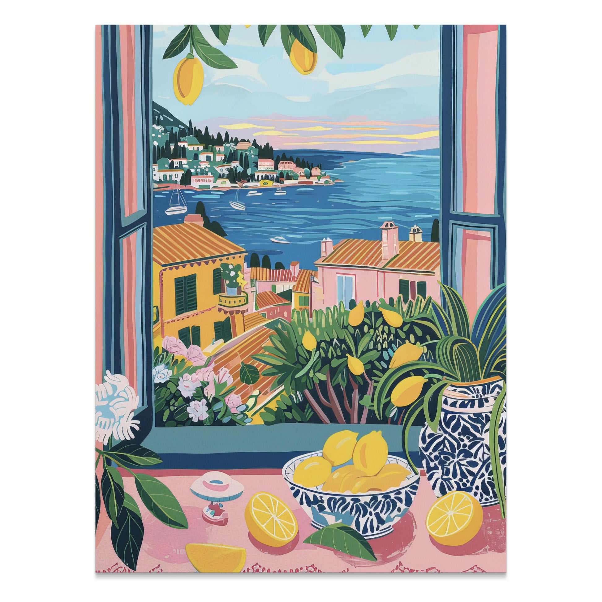 Premium Poster of Scenic Coastal Village Art Print with Lemons Posters
