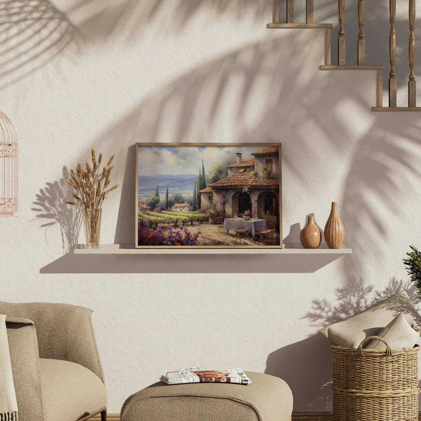 Premium Poster of Scenic Countryside View with Vineyard and House Posters