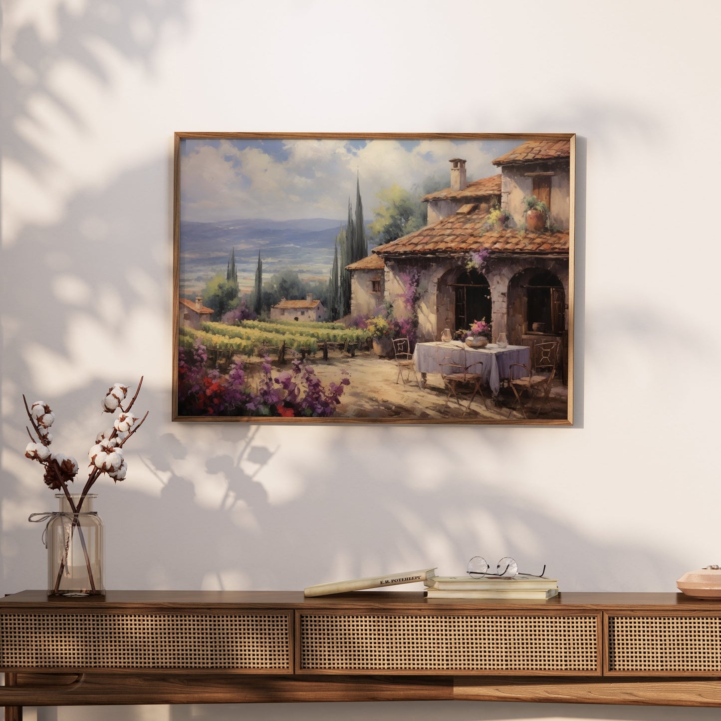 Premium Poster of Scenic Countryside View with Vineyard and House Posters