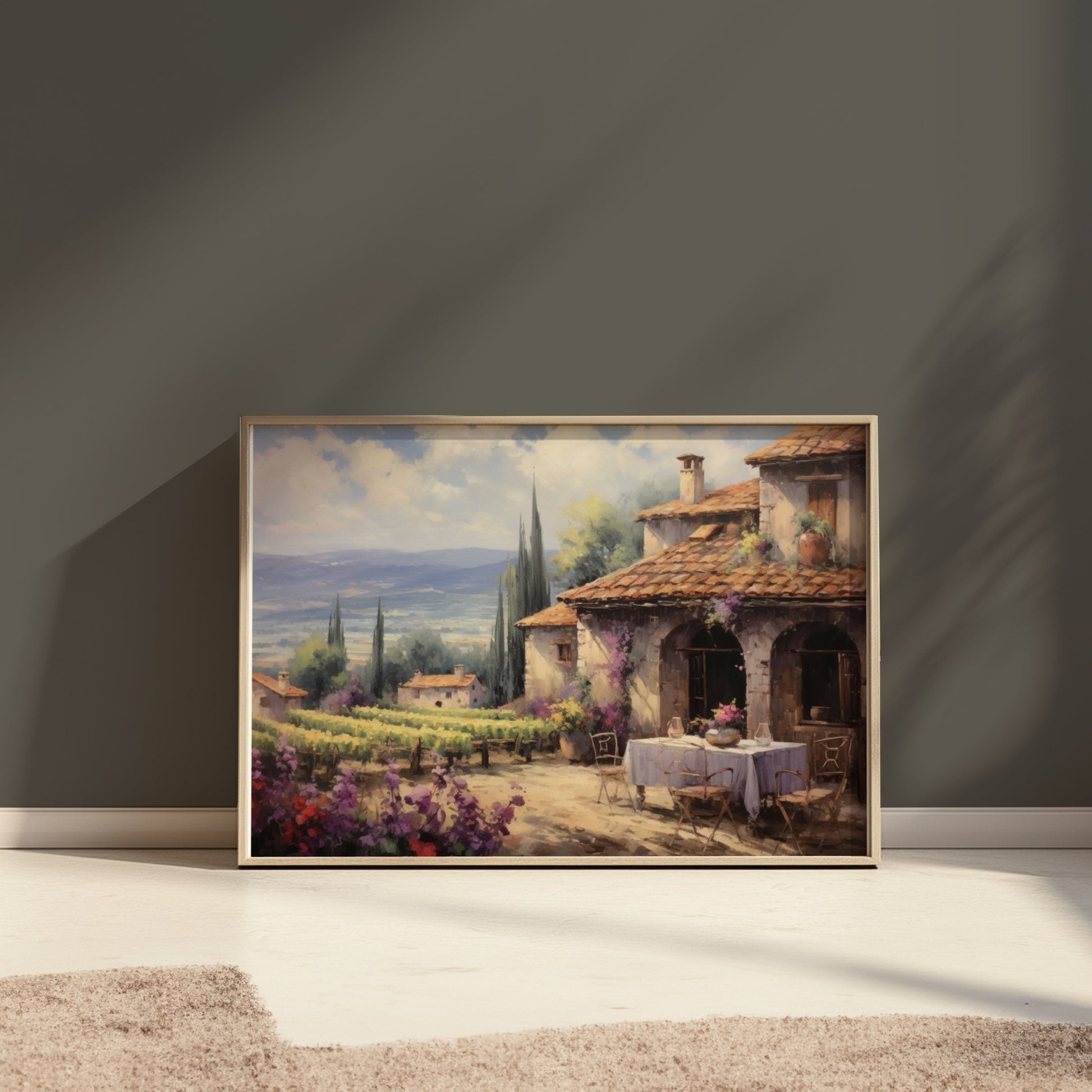 Premium Poster of Scenic Countryside View with Vineyard and House Posters