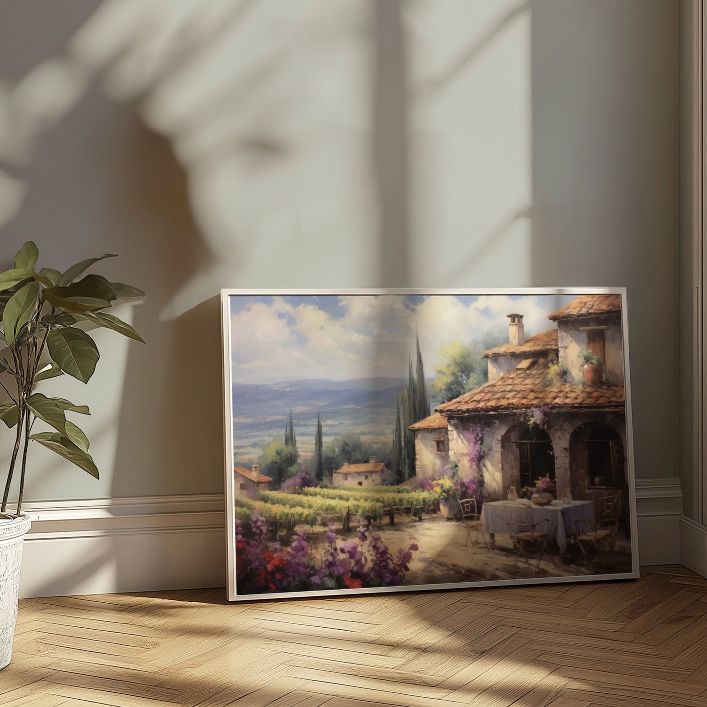 Premium Poster of Scenic Countryside View with Vineyard and House Posters