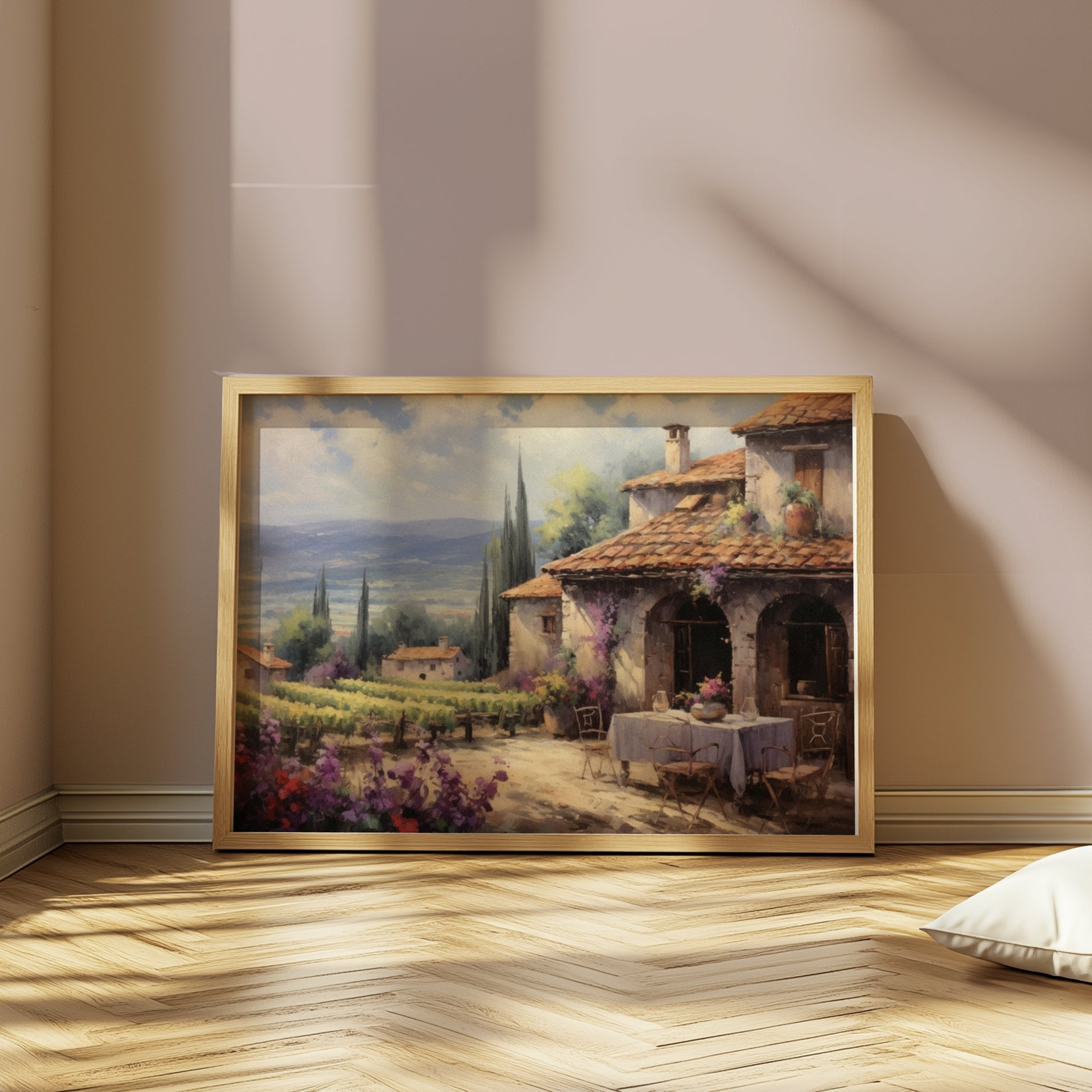 Premium Poster of Scenic Countryside View with Vineyard and House Posters