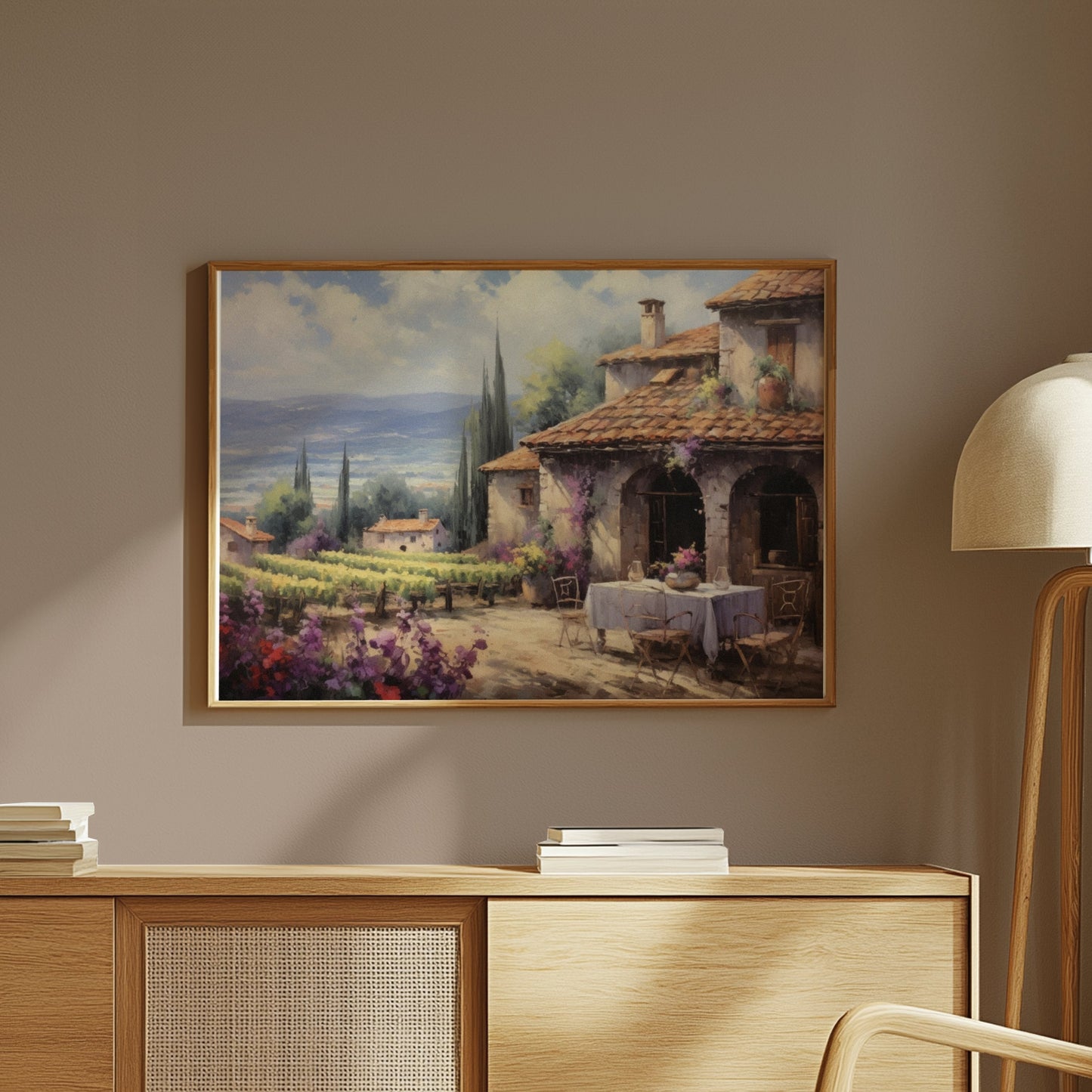 Premium Poster of Scenic Countryside View with Vineyard and House Posters