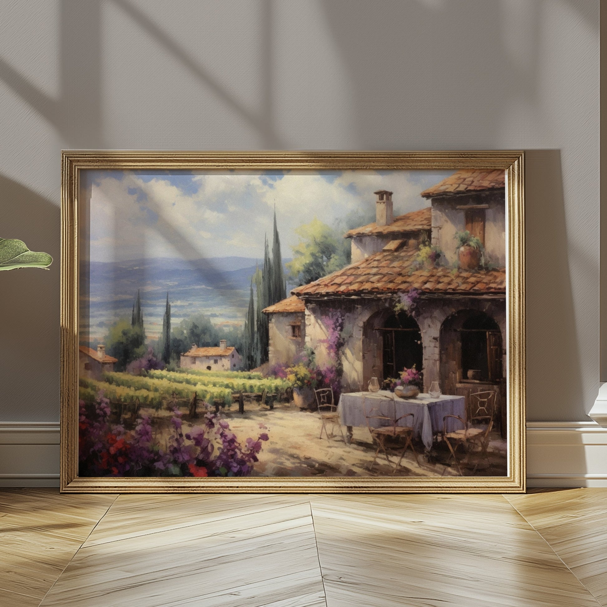 Premium Poster of Scenic Countryside View with Vineyard and House Posters