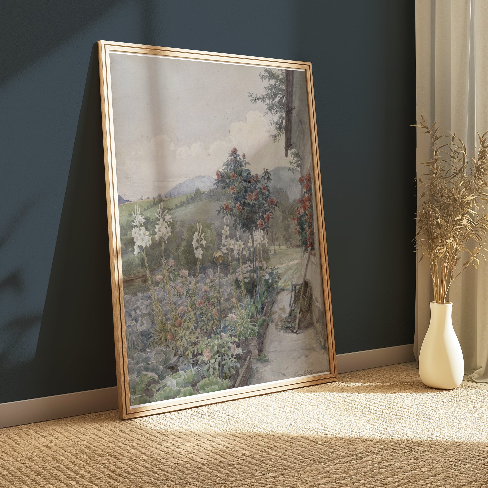 Premium Poster of Scenic Garden Pathway with Flowering Plants Posters