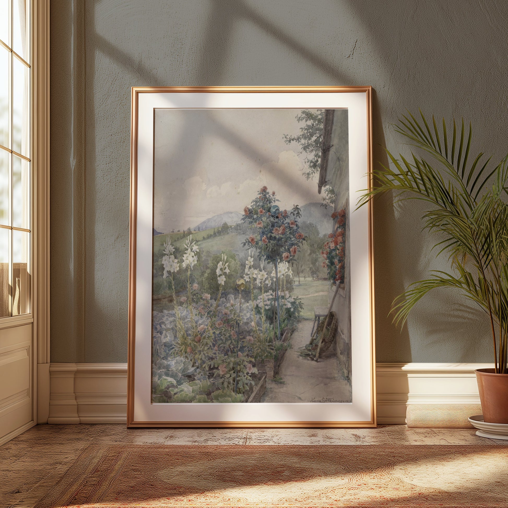 Premium Poster of Scenic Garden Pathway with Flowering Plants Posters