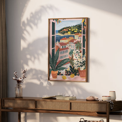 Premium Poster of Scenic Mediterranean Village Window View Posters