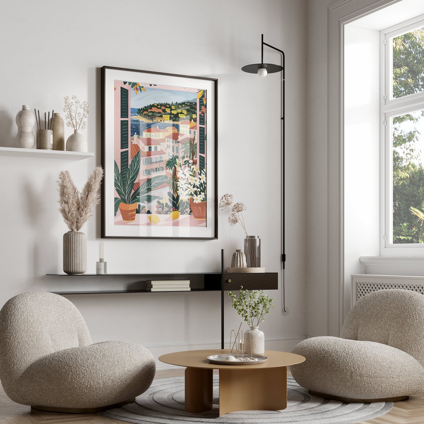 Premium Poster of Scenic Mediterranean Village Window View Posters