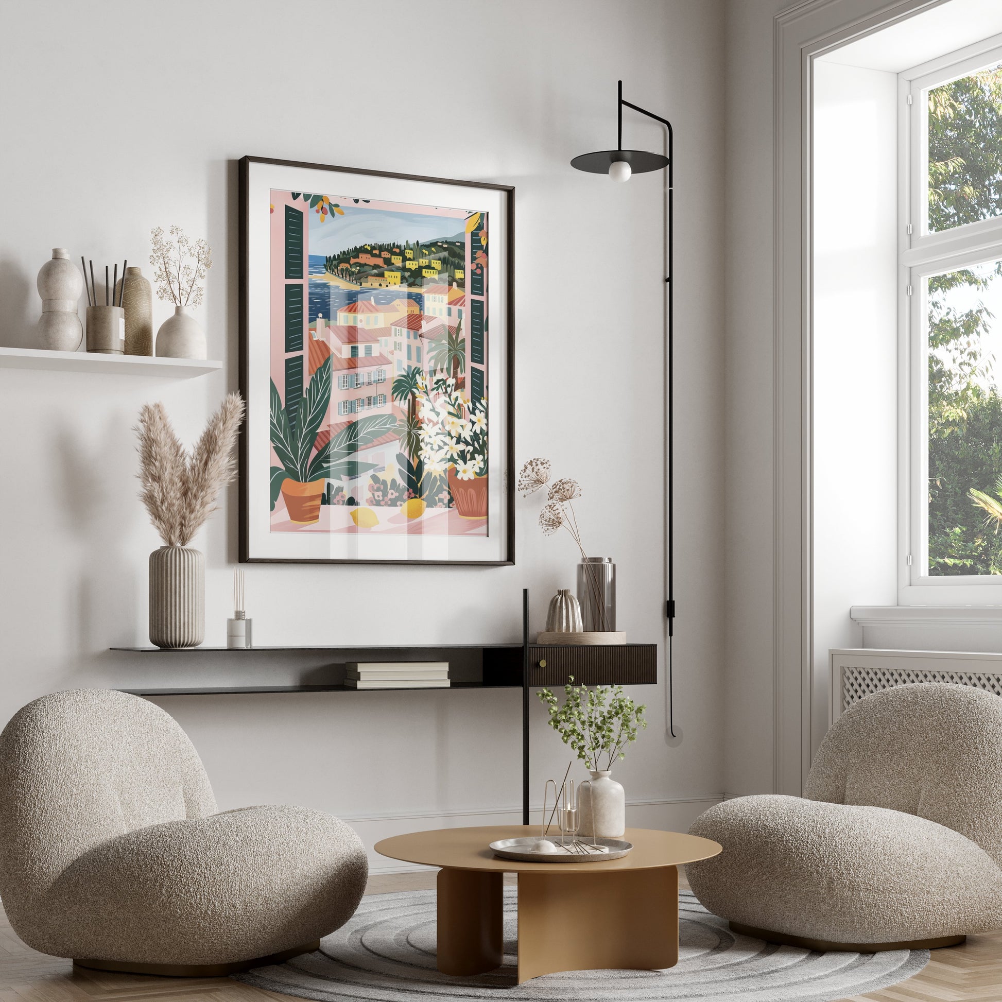 Premium Poster of Scenic Mediterranean Village Window View Posters