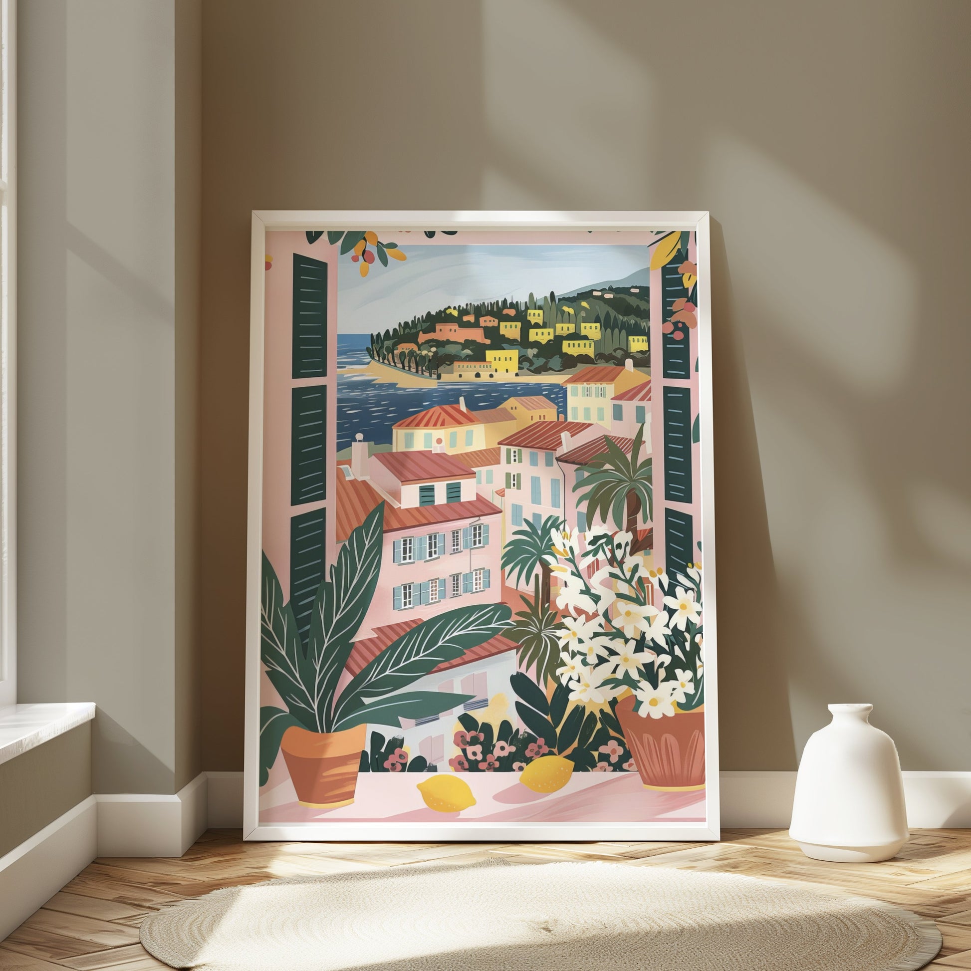 Premium Poster of Scenic Mediterranean Village Window View Posters