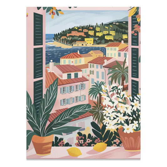 Premium Poster of Scenic Mediterranean Village Window View Posters