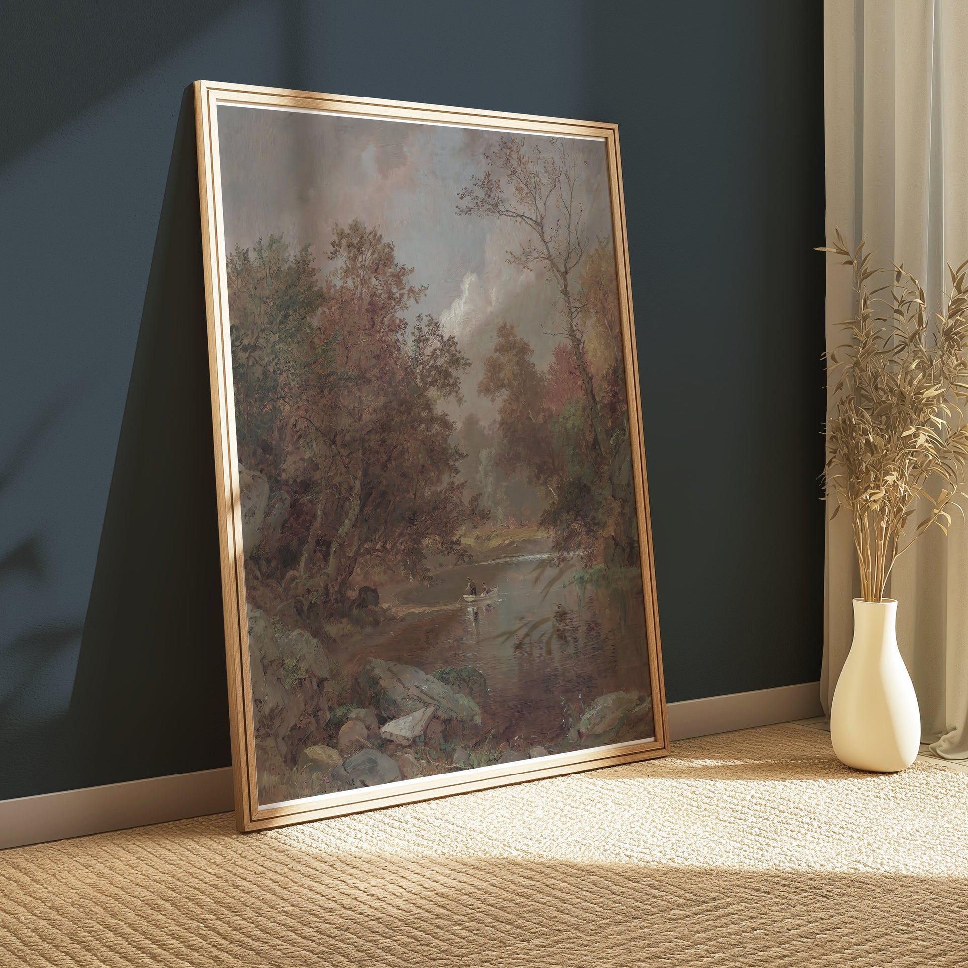 Premium Poster of Scenic River View with Small Boat Nature Art Posters