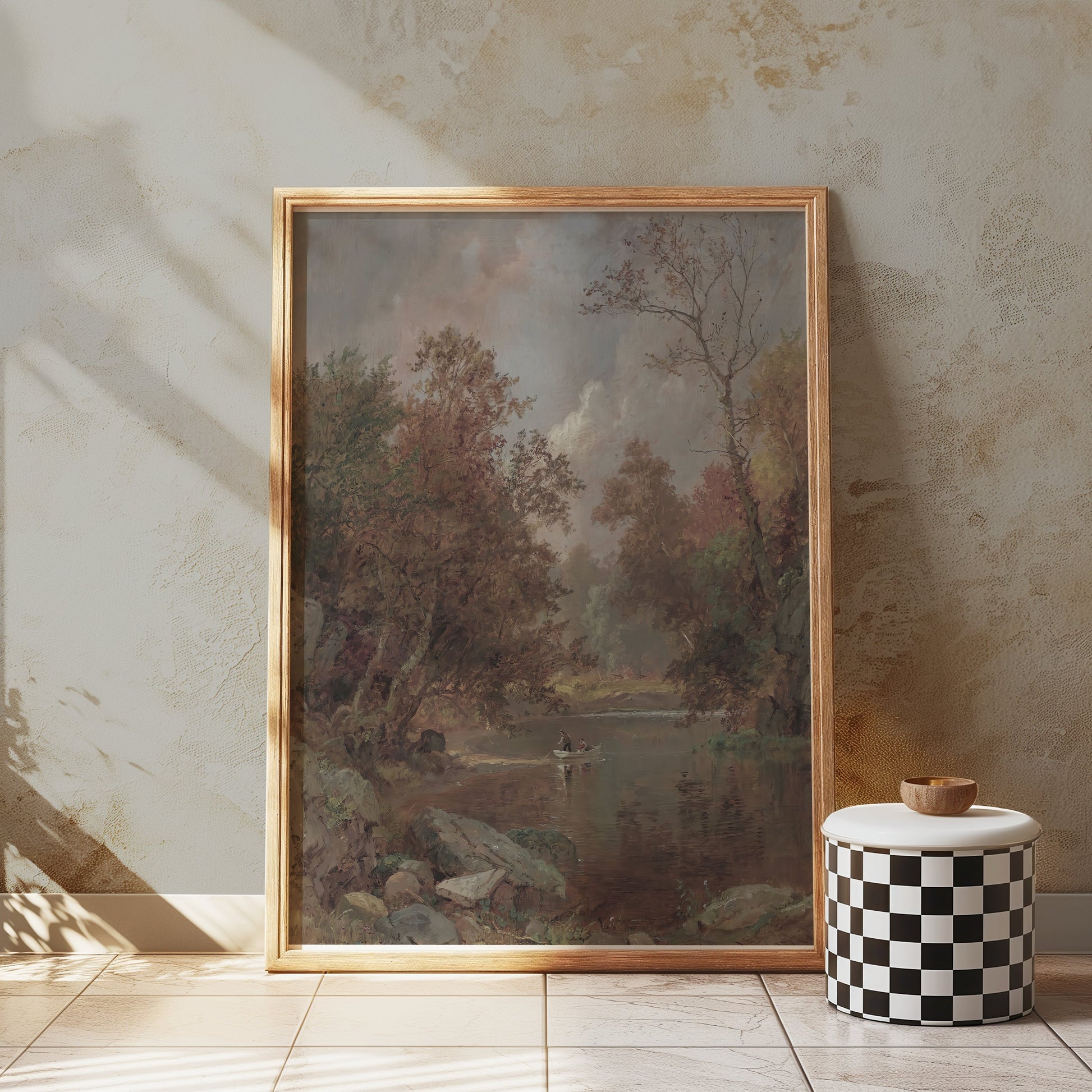 Premium Poster of Scenic River View with Small Boat Nature Art Posters