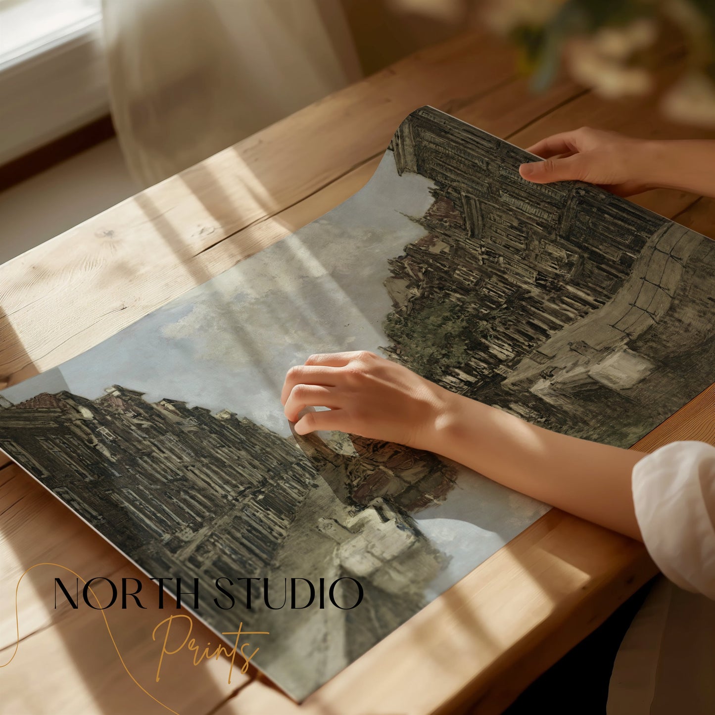 Premium Poster of Scenic Vintage Canal and Townscape Art Print Posters