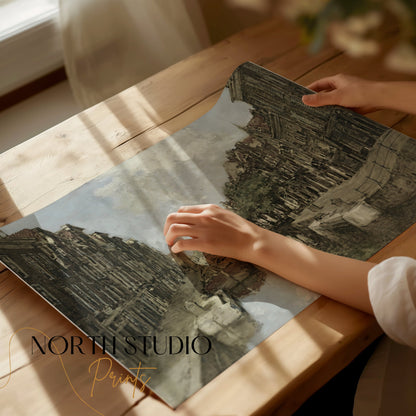 Premium Poster of Scenic Vintage Canal and Townscape Art Print Posters