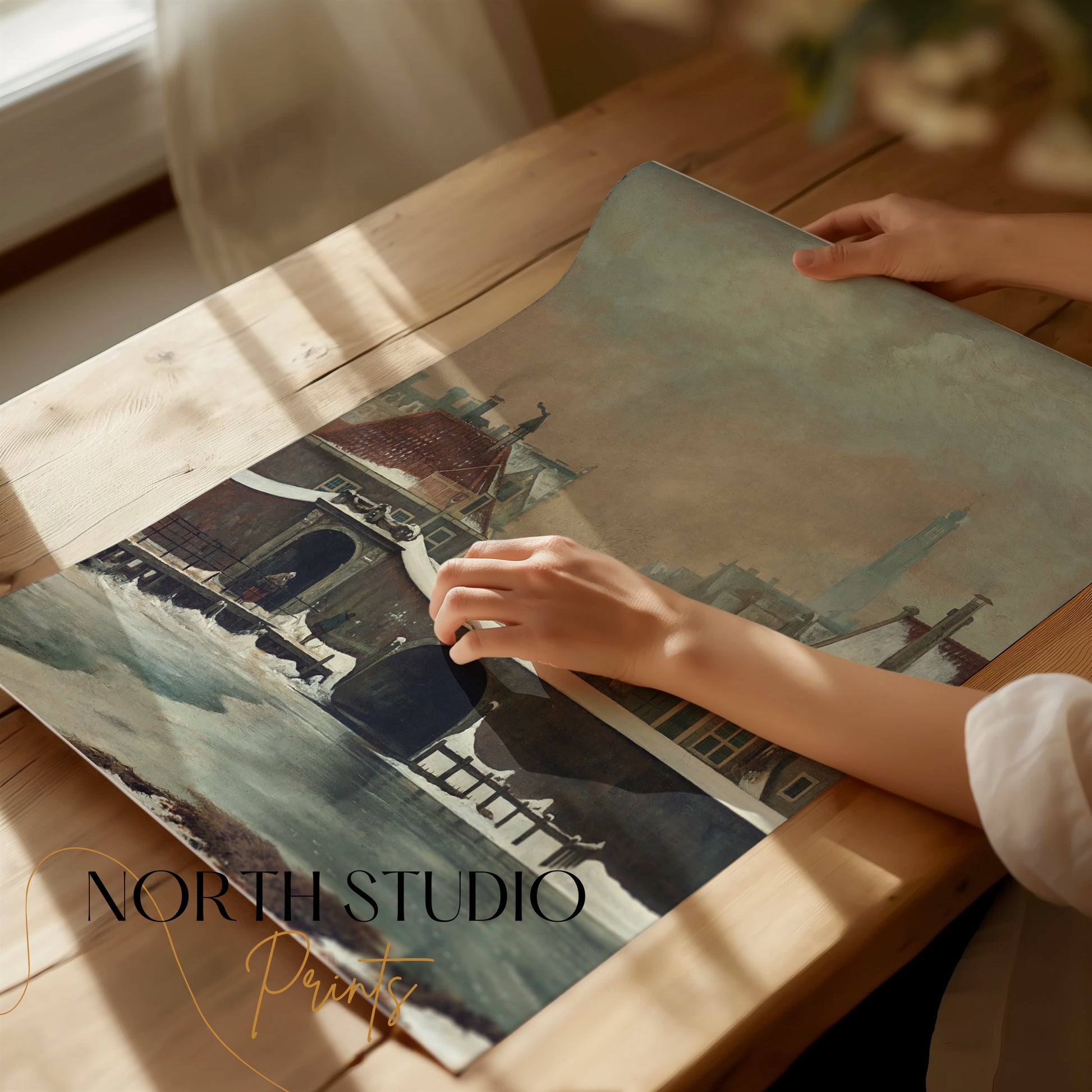 Premium Poster of Scenic Winter Town with Snow and Bridge View Posters