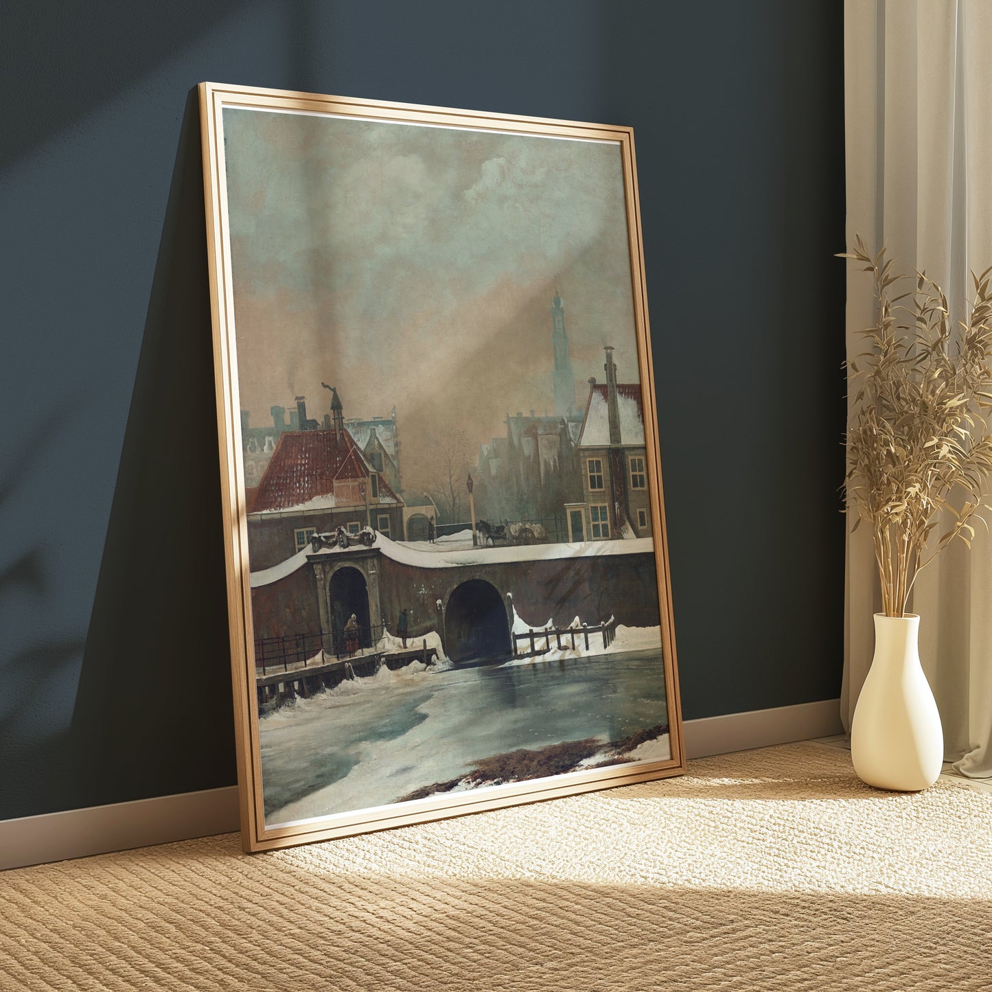 Premium Poster of Scenic Winter Town with Snow and Bridge View Posters