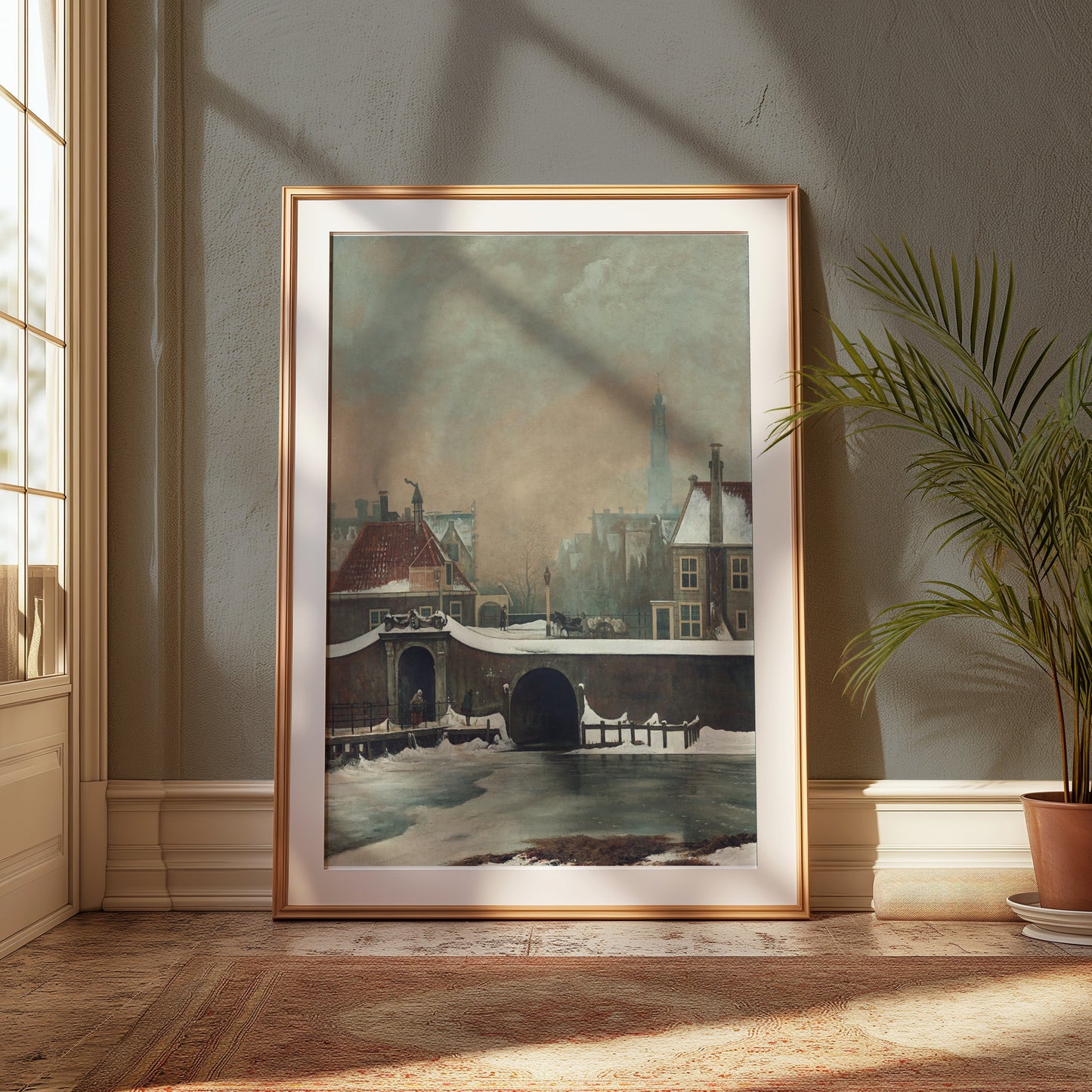 Premium Poster of Scenic Winter Town with Snow and Bridge View Posters