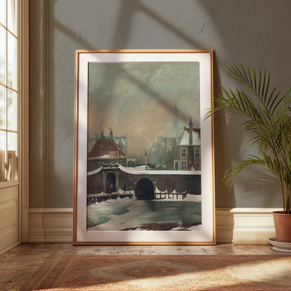 Premium Poster of Scenic Winter Town with Snow and Bridge View Posters