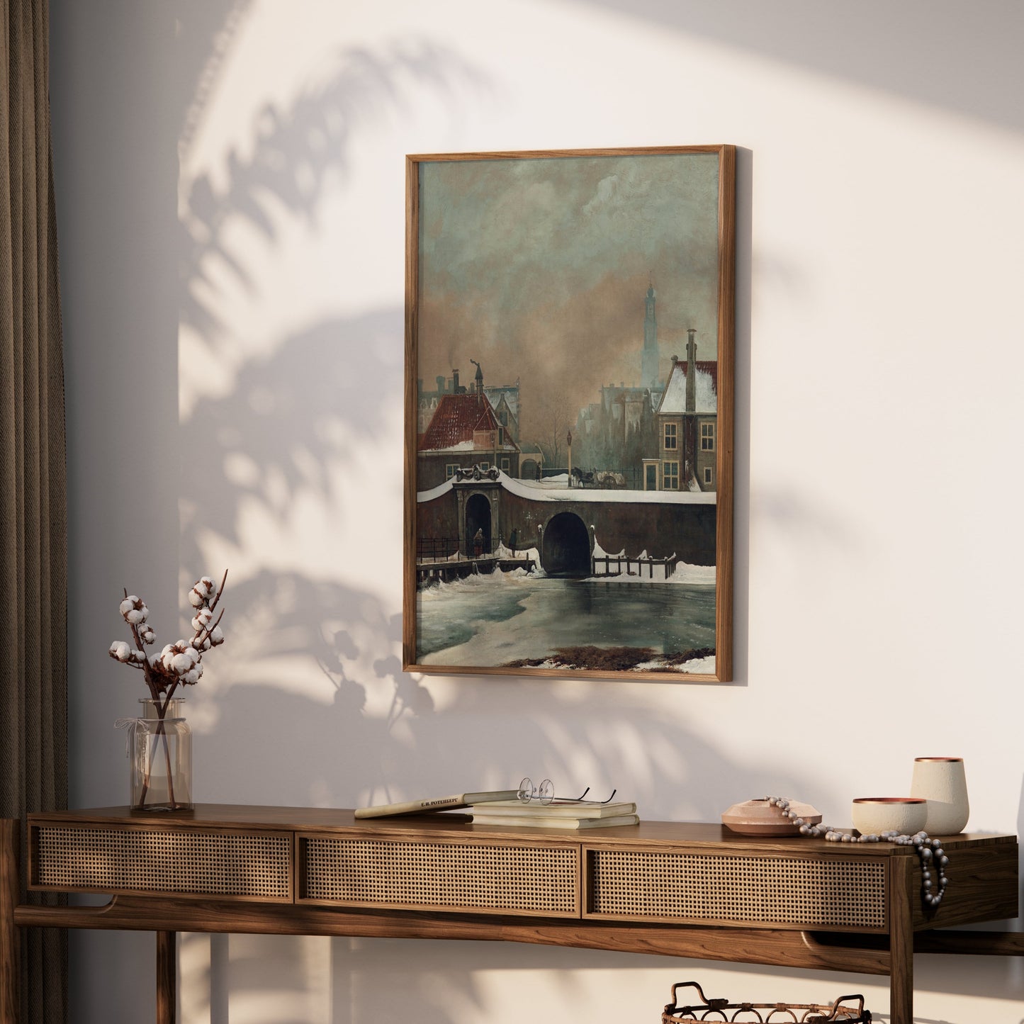 Premium Poster of Scenic Winter Town with Snow and Bridge View Posters