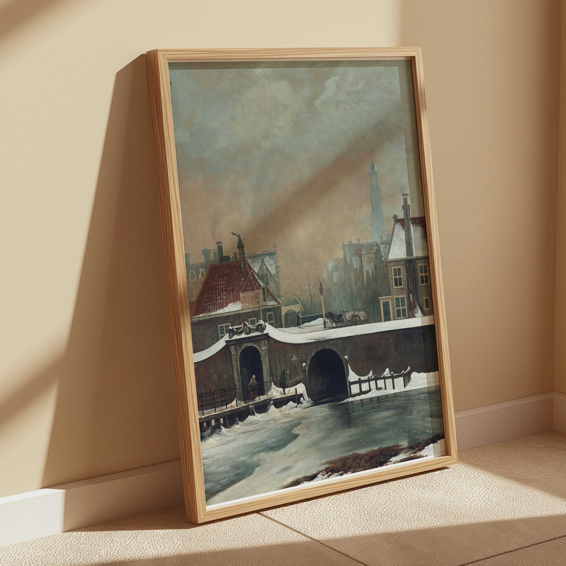 Premium Poster of Scenic Winter Town with Snow and Bridge View Posters