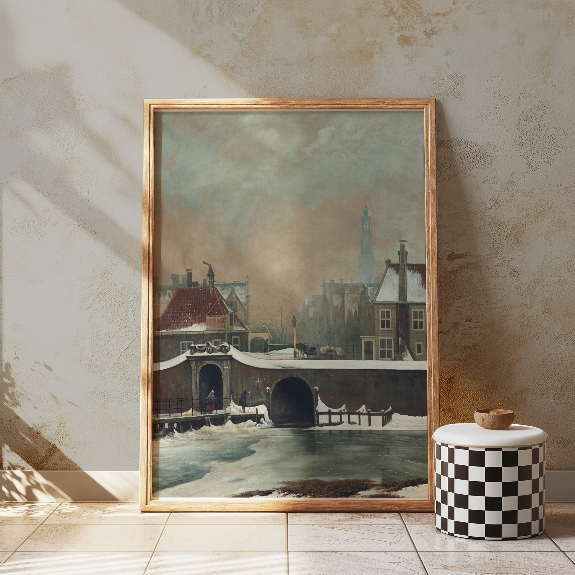 Premium Poster of Scenic Winter Town with Snow and Bridge View Posters