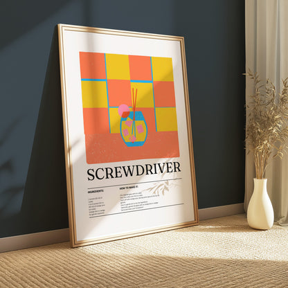 Premium Poster of Screwdriver Cocktail Recipe Vibrant Retro Art Posters