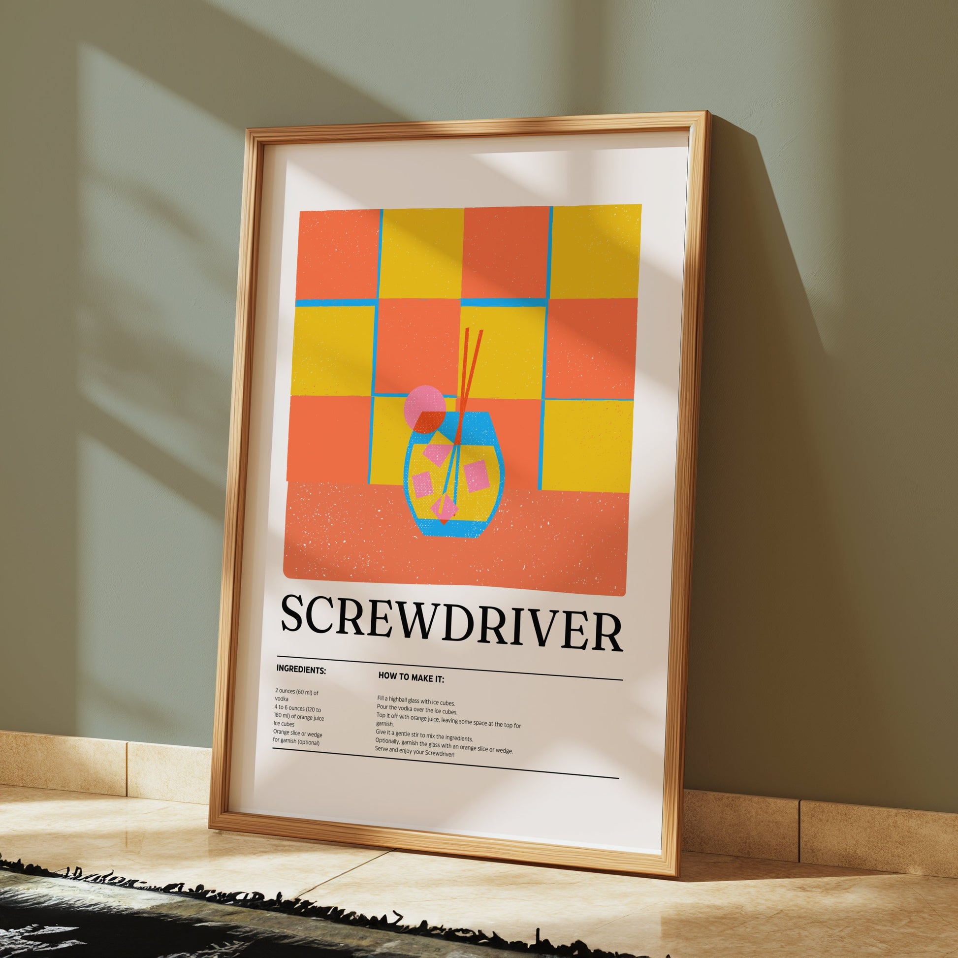 Premium Poster of Screwdriver Cocktail Recipe Vibrant Retro Art Posters