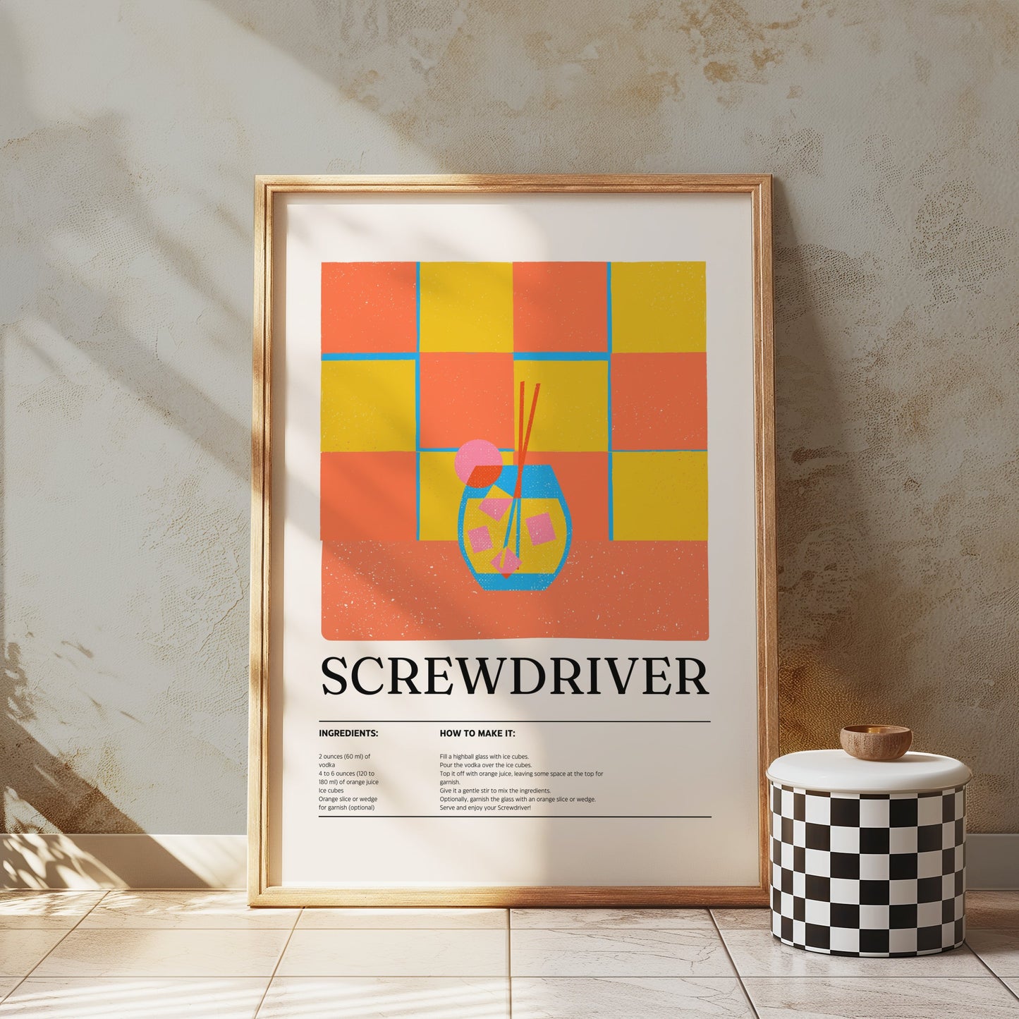 Premium Poster of Screwdriver Cocktail Recipe Vibrant Retro Art Posters