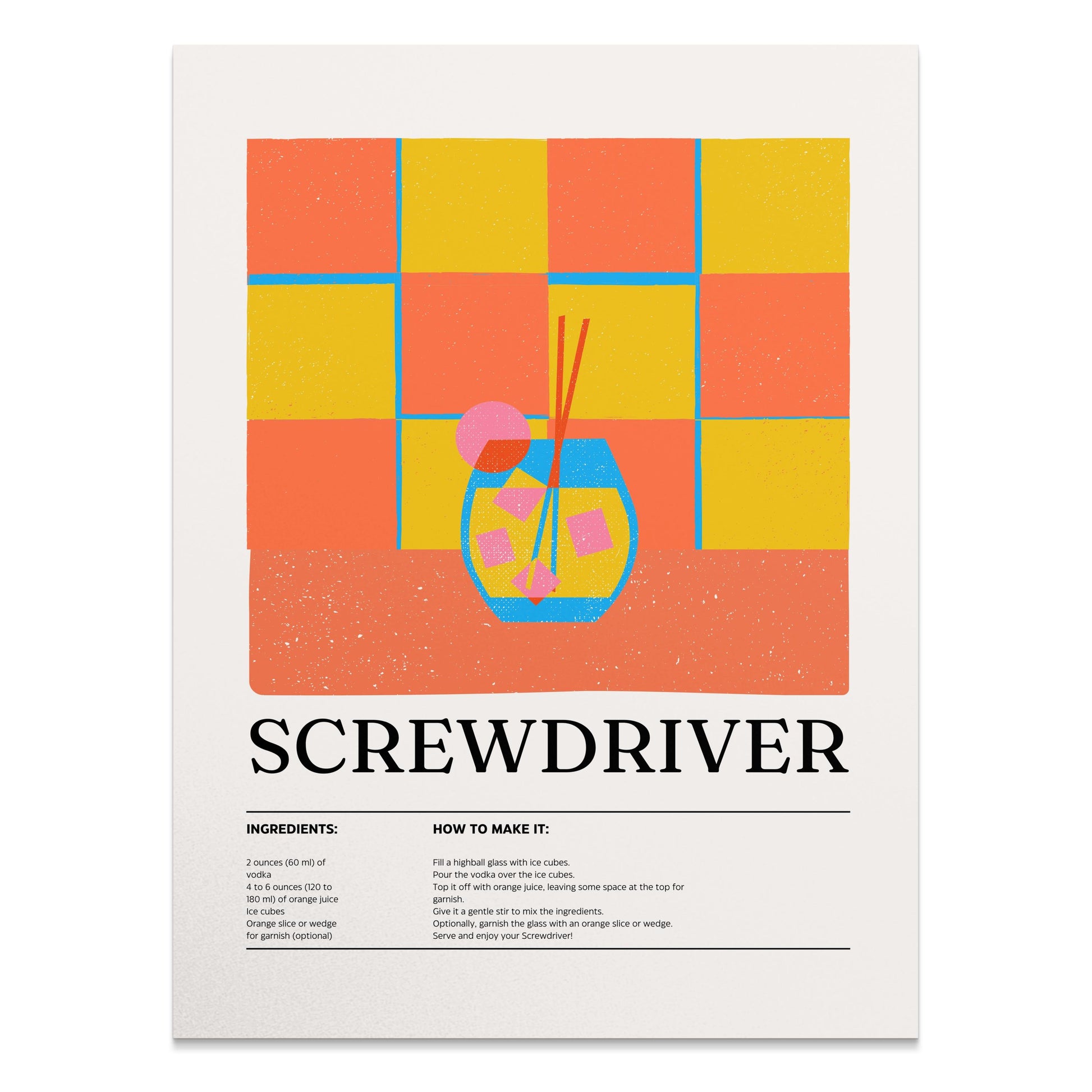 Premium Poster of Screwdriver Cocktail Recipe Vibrant Retro Art Posters