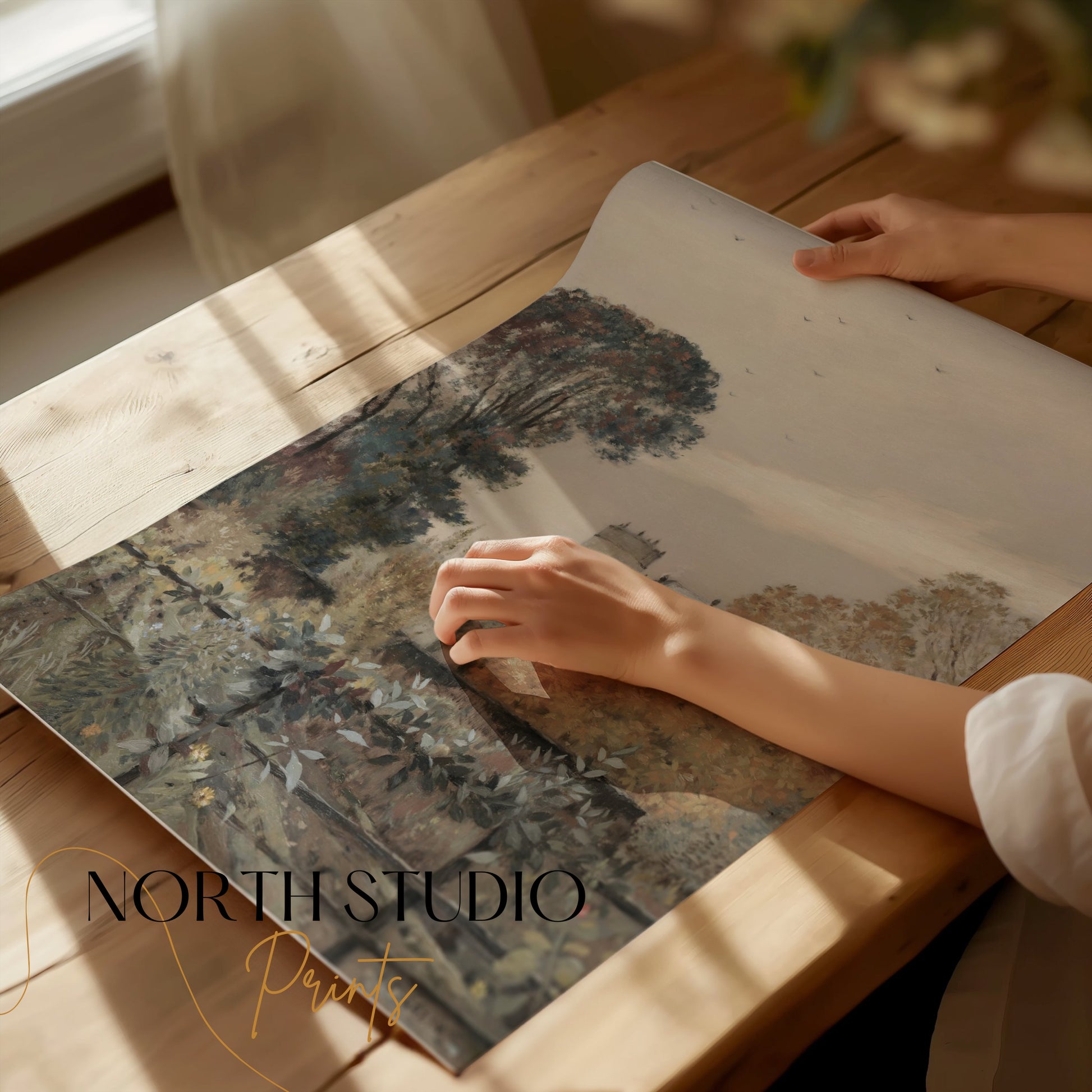 Premium Poster of Serene Autumn Landscape with Tower and Trees Posters