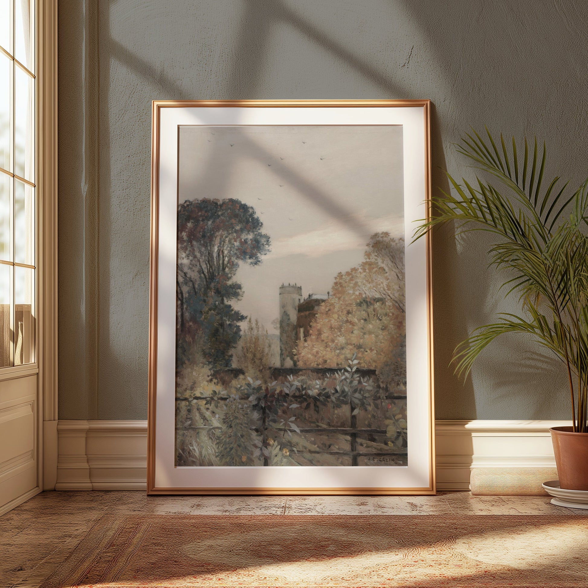 Premium Poster of Serene Autumn Landscape with Tower and Trees Posters