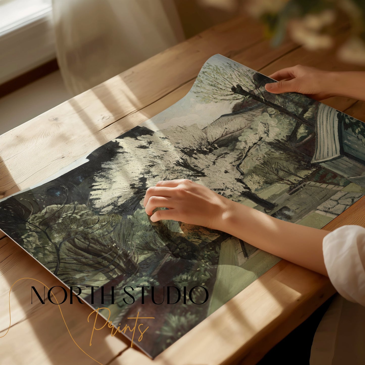 Premium Poster of Serene Backyard Blooming Tree in Springtime Art Posters