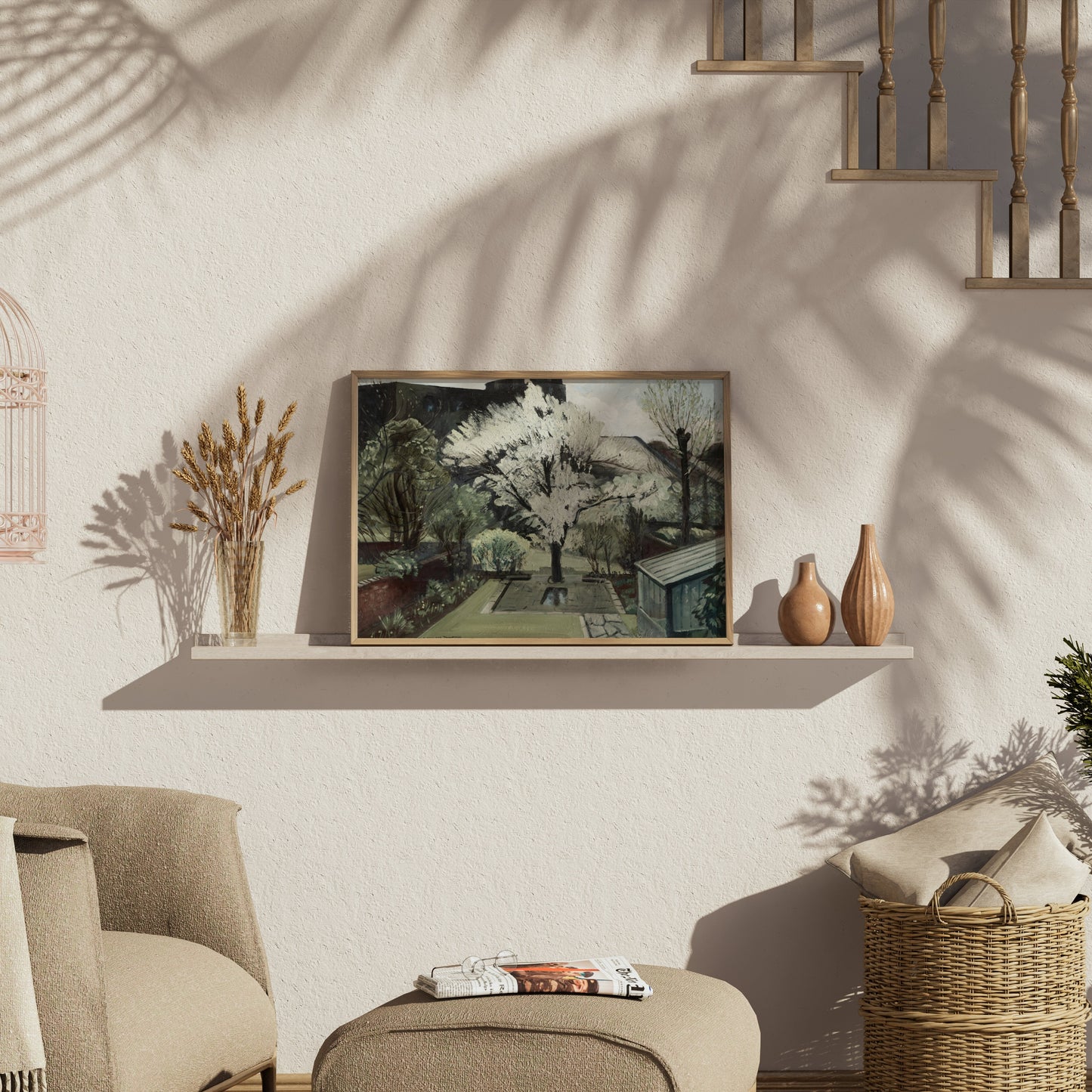 Premium Poster of Serene Backyard Blooming Tree in Springtime Art Posters