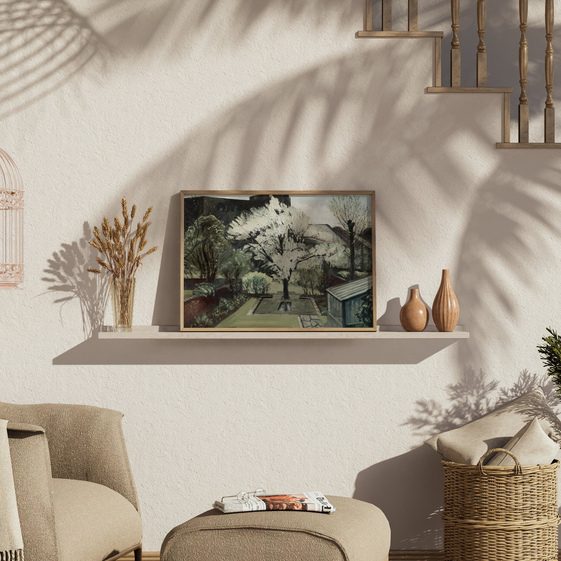 Premium Poster of Serene Backyard Blooming Tree in Springtime Art Posters