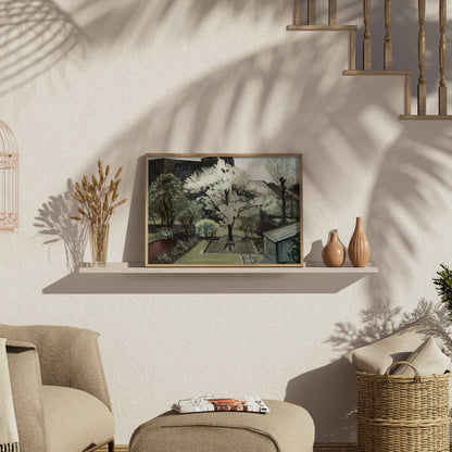 Premium Poster of Serene Backyard Blooming Tree in Springtime Art Posters
