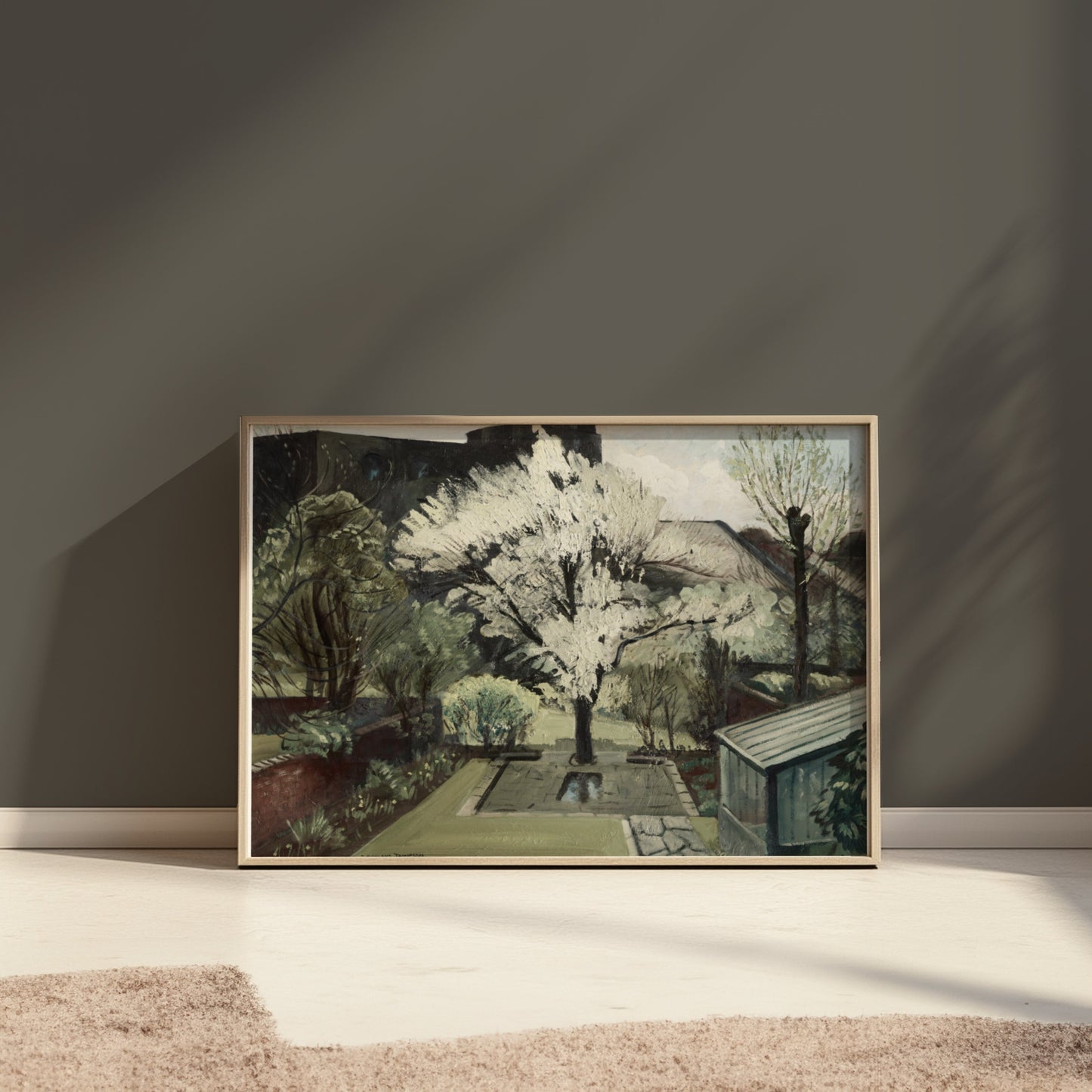 Premium Poster of Serene Backyard Blooming Tree in Springtime Art Posters