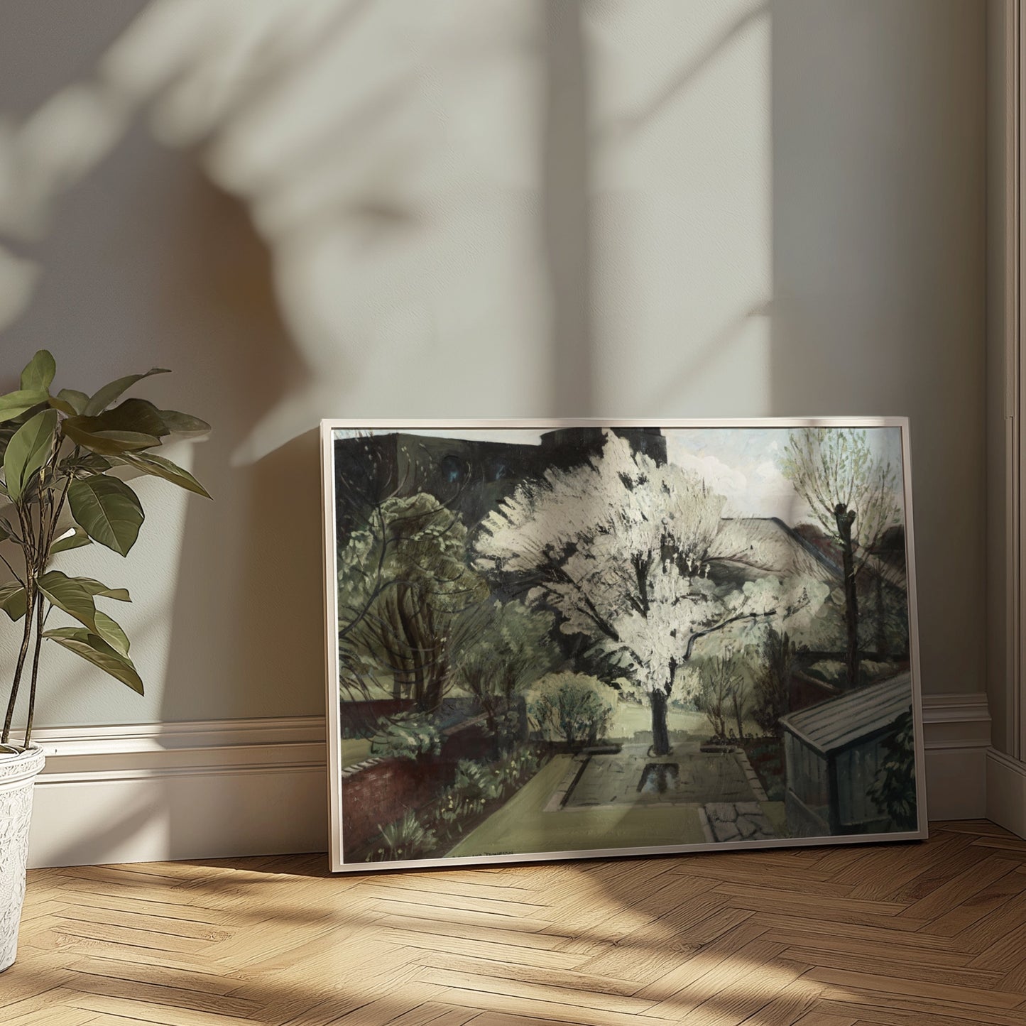 Premium Poster of Serene Backyard Blooming Tree in Springtime Art Posters