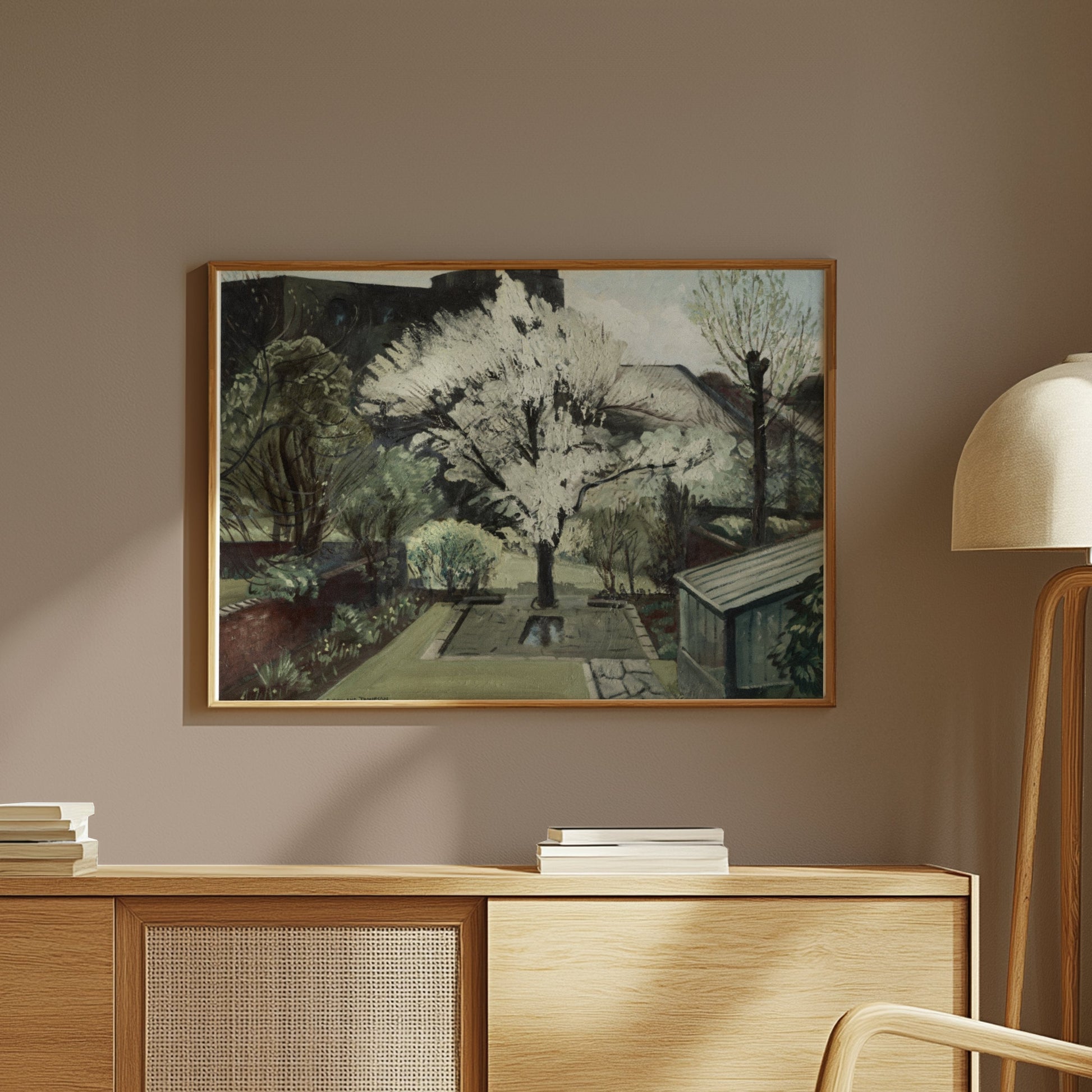 Premium Poster of Serene Backyard Blooming Tree in Springtime Art Posters