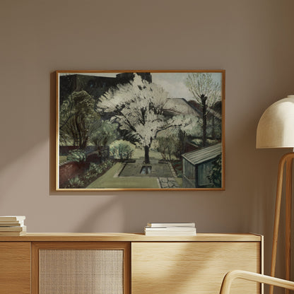 Premium Poster of Serene Backyard Blooming Tree in Springtime Art Posters