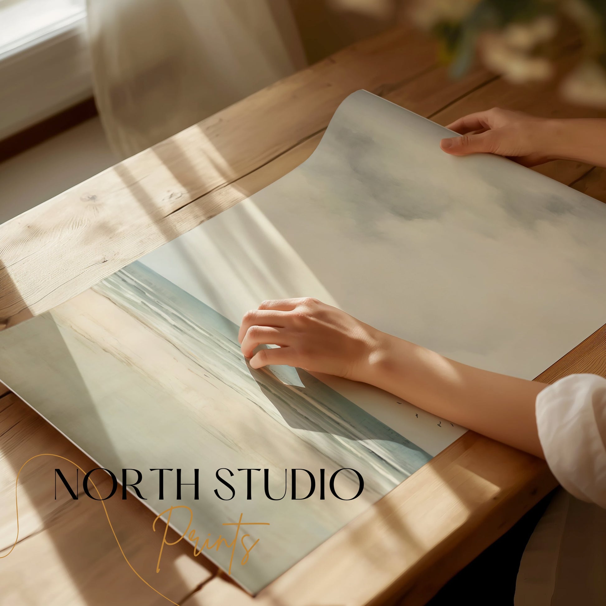Premium Poster of Serene Beach Scene with Cloudy Sky and Flying Birds Posters