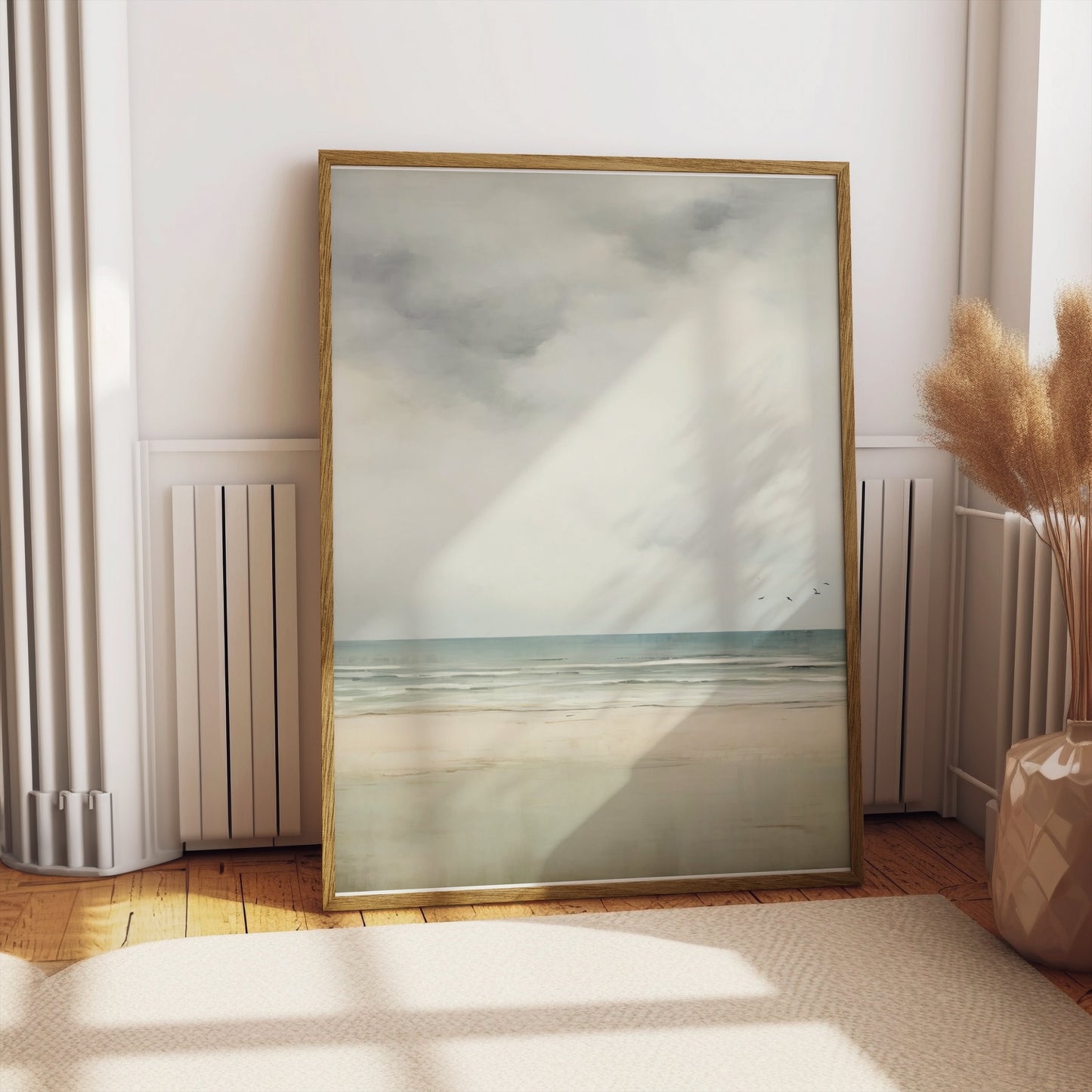 Premium Poster of Serene Beach Scene with Cloudy Sky and Flying Birds Posters