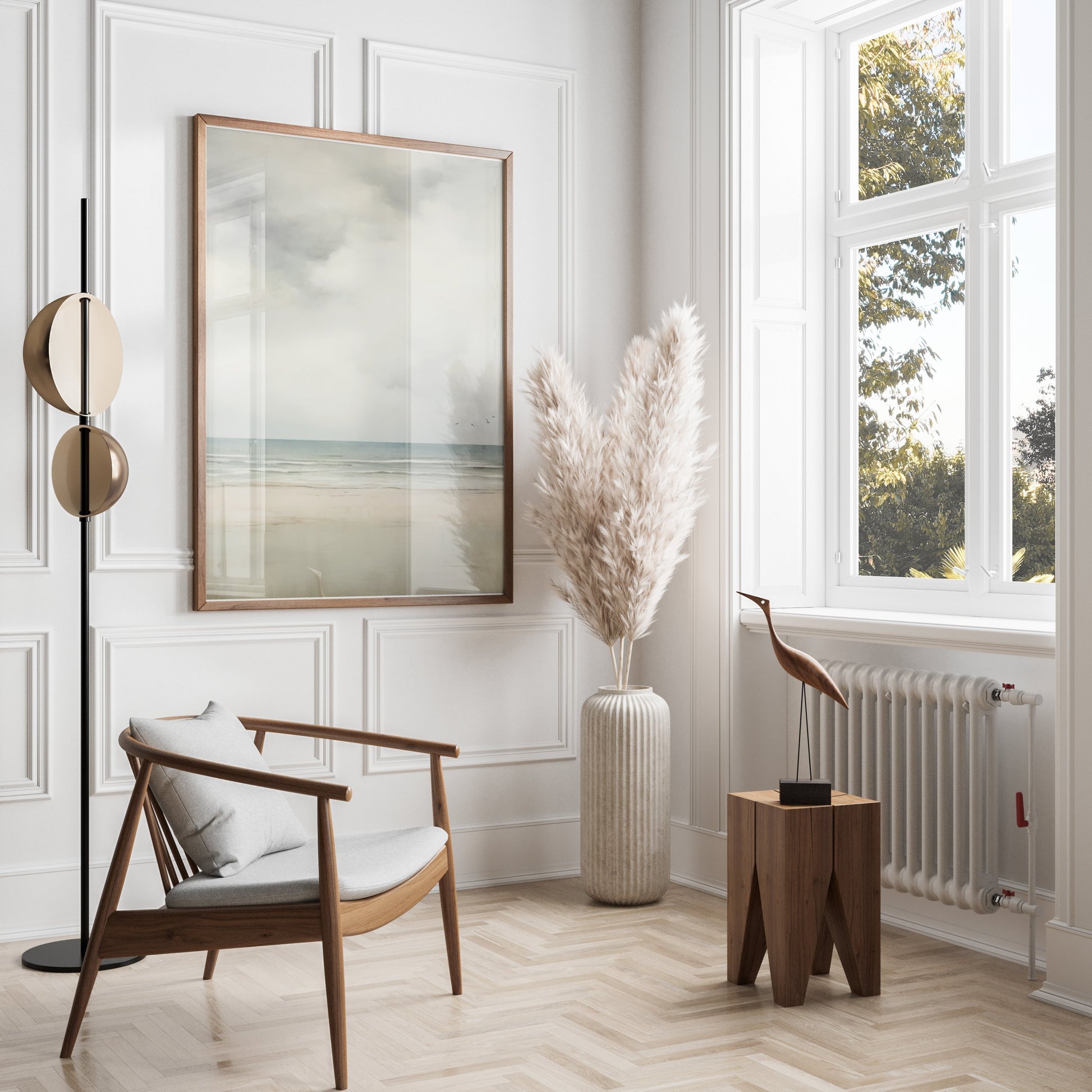 Premium Poster of Serene Beach Scene with Cloudy Sky and Flying Birds Posters