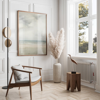 Premium Poster of Serene Beach Scene with Cloudy Sky and Flying Birds Posters