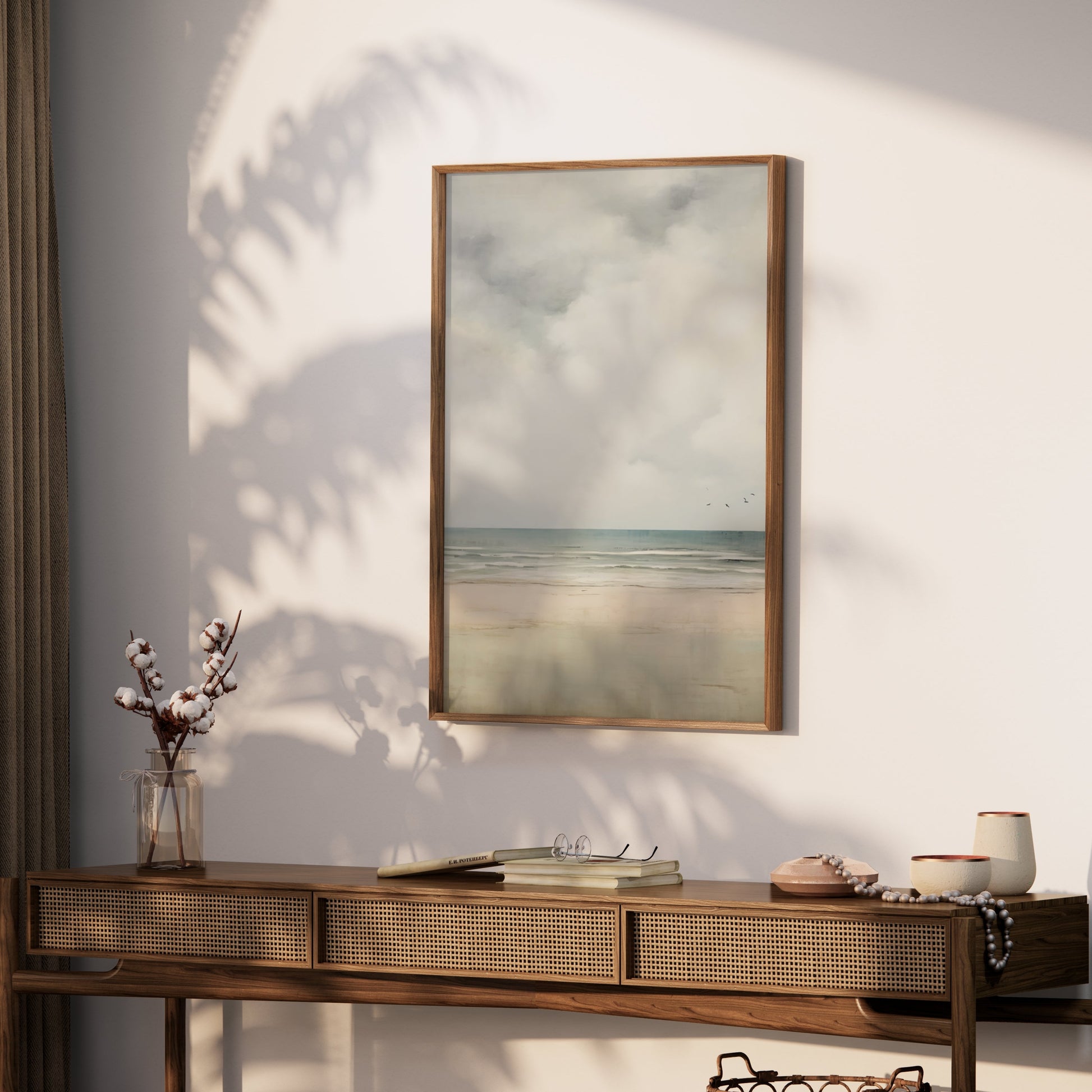 Premium Poster of Serene Beach Scene with Cloudy Sky and Flying Birds Posters