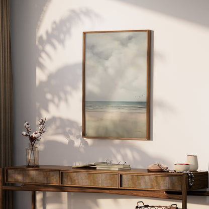 Premium Poster of Serene Beach Scene with Cloudy Sky and Flying Birds Posters