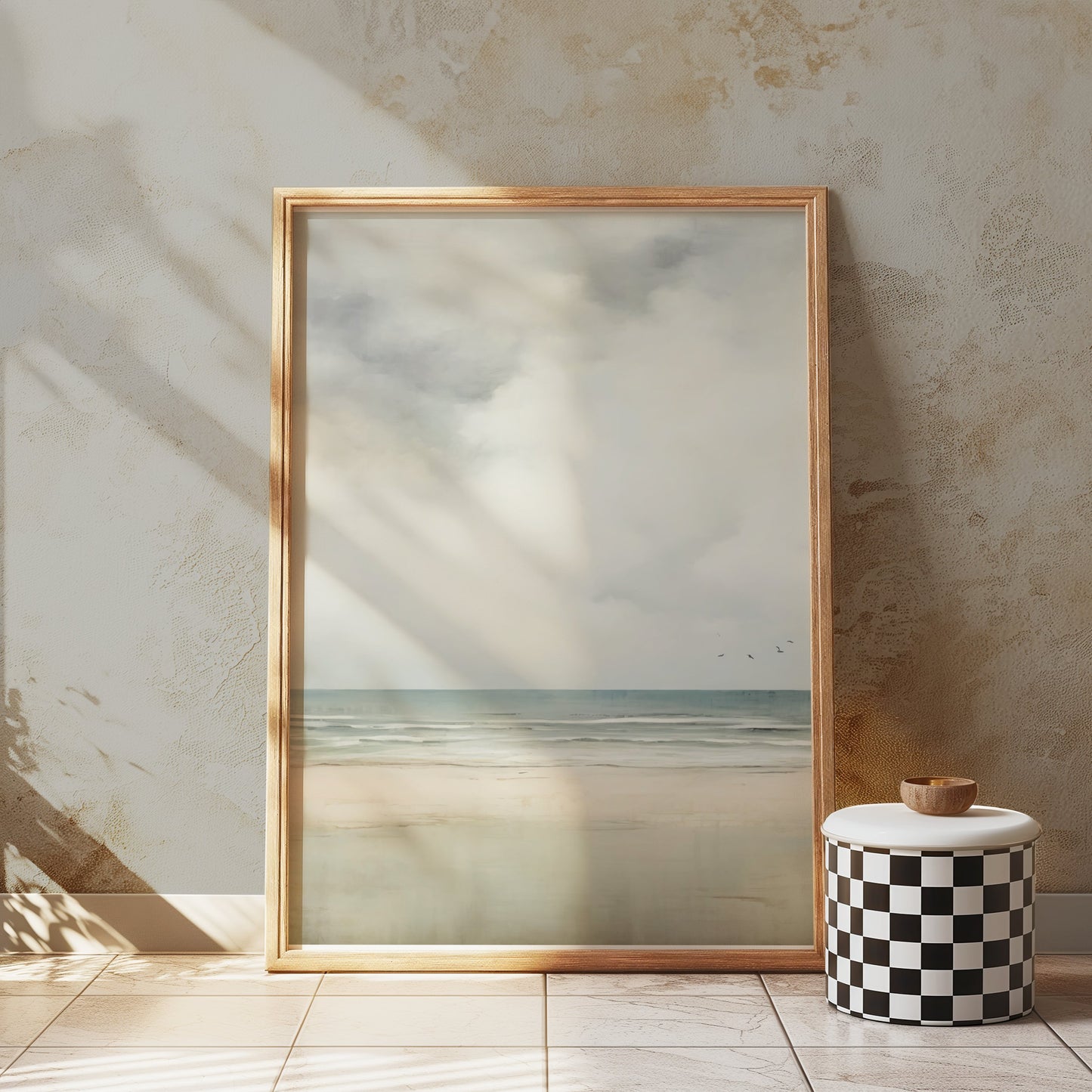 Premium Poster of Serene Beach Scene with Cloudy Sky and Flying Birds Posters