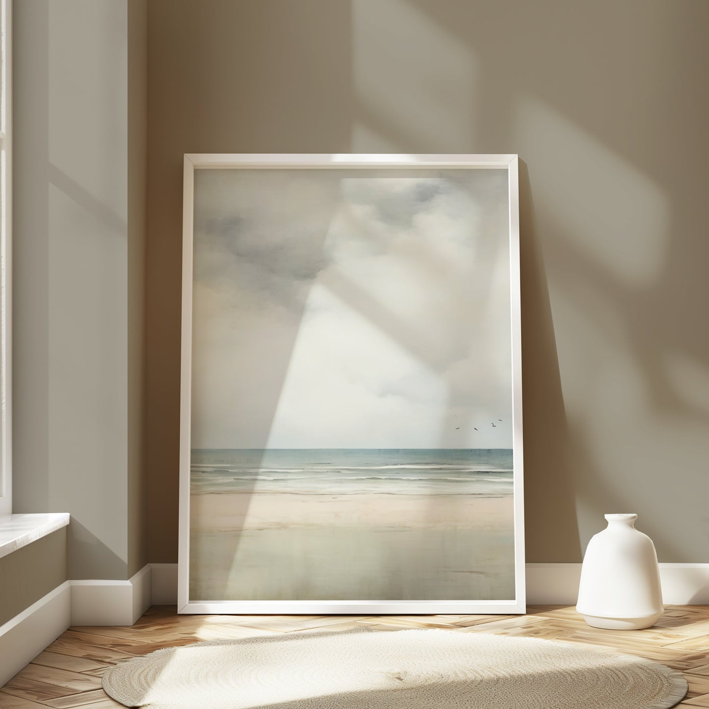Premium Poster of Serene Beach Scene with Cloudy Sky and Flying Birds Posters