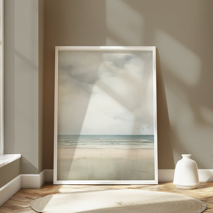 Premium Poster of Serene Beach Scene with Cloudy Sky and Flying Birds Posters
