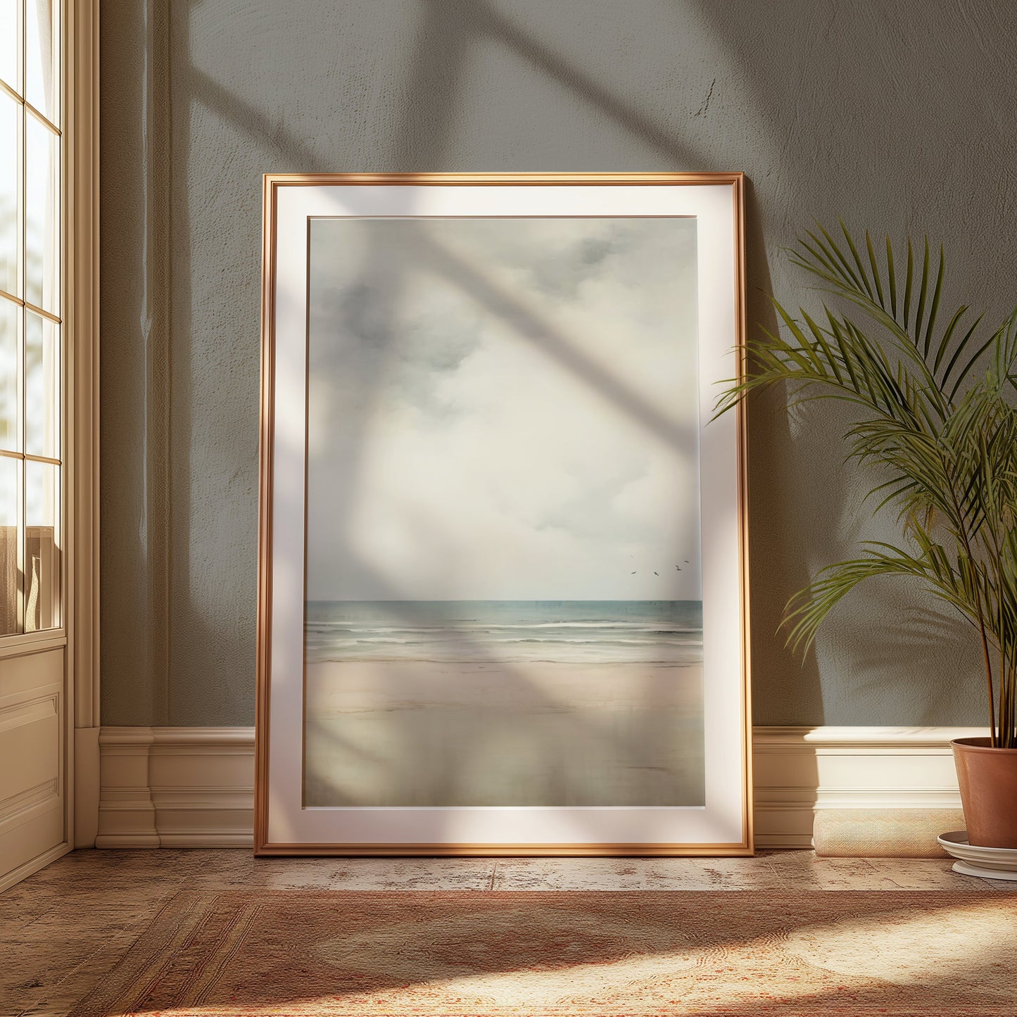 Premium Poster of Serene Beach Scene with Cloudy Sky and Flying Birds Posters
